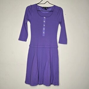 Lauren Ralph Lauren Purple Ribbed Henley Fit Flare Dress 3/4 Sleeve Small